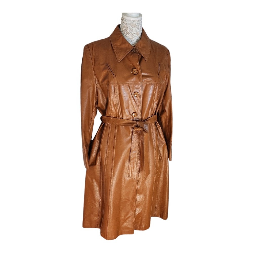 VTG 70s brown leather pleated long trench coat "saddle leather" vintage size 16